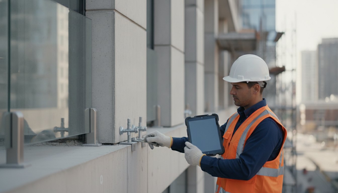 Operário com tablet inspecionando fixadores de uma barreira de segurança em fachada de edifício comercial.