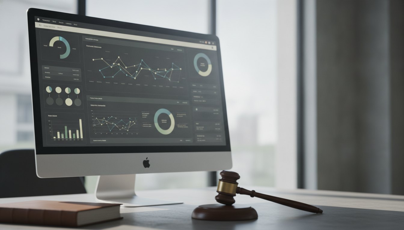 Tela de computador exibindo um painel de controle de software corporativo com gráficos e relatórios