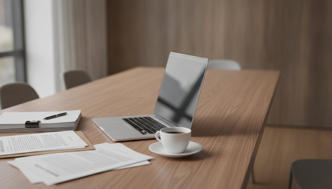 Advogado digitando em notebook sobre mesa de madeira ao lado de documentos e xícara de café.