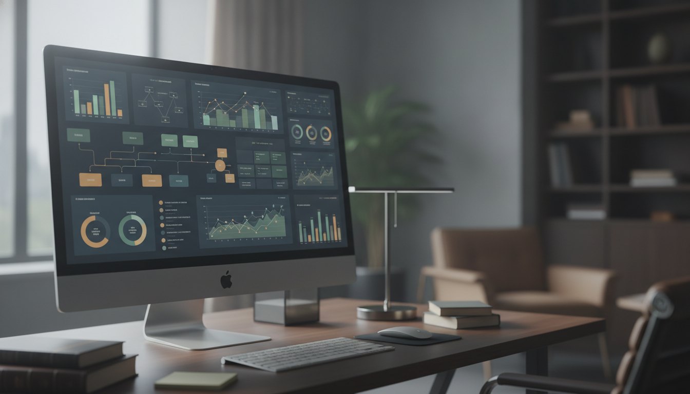 Tela de computador exibindo um painel com gráficos de processos judiciais em um escritório.
