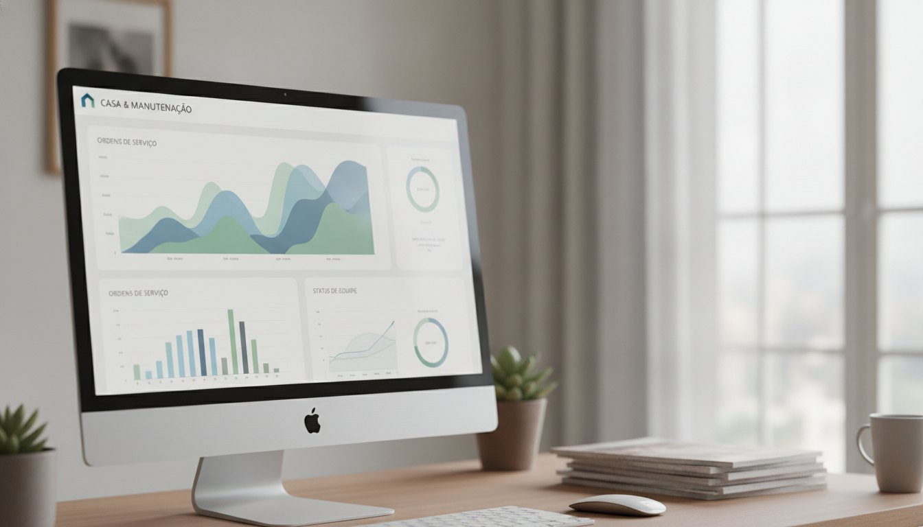 Tela de computador exibindo um painel de software corporativo com gráficos de ordens de serviço.